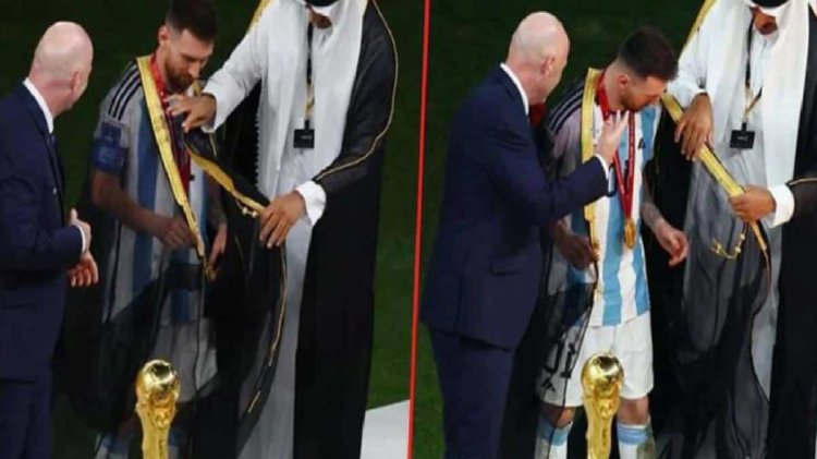 Seremoni öncesi değişik anlar! Katarlılar, Messi’ye kupayı kaldırtmadan evvel klâsik kıyafetlerini giydirdiler