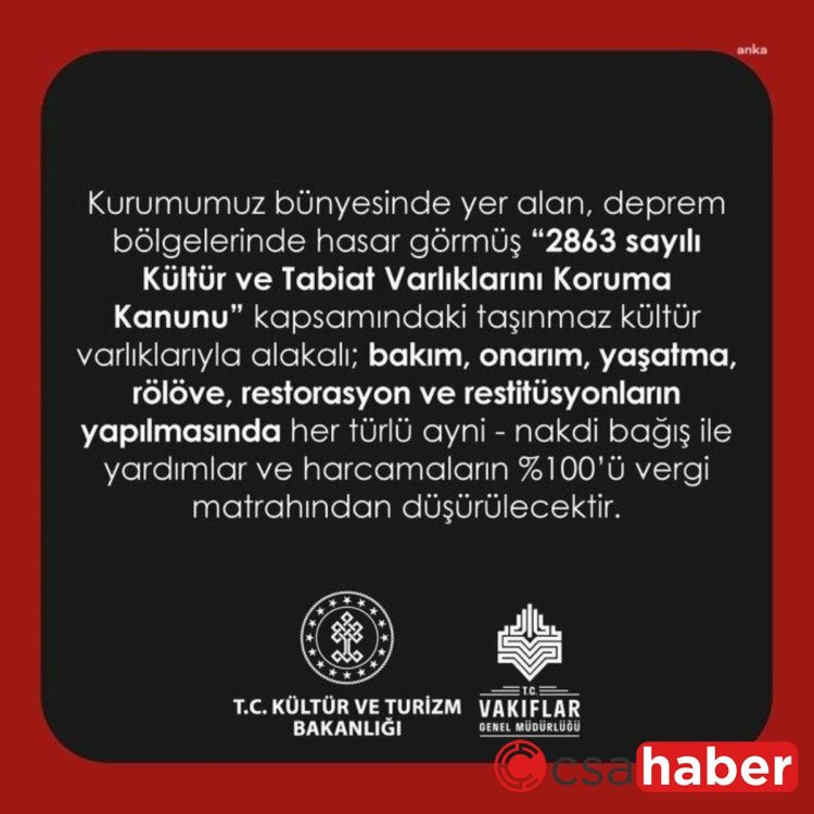 Vakıflar Genel Müdürlüğü: “Depremde Zarar Gören Taşınmaz Kültür Varlıkları İçin Yapılan Bağış ve Yardımların Yüzde 100’ünün Vergi Matrahından…