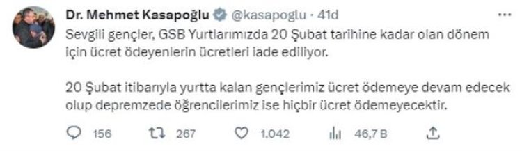 Bakan Mehmet Muharrem Kasapoğlu, yurt ücretlerinin iade edileceğini duyurdu