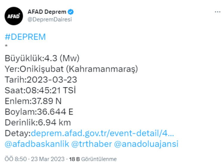 Kahramanmaraş’ın Onikişubat ilçesinde 4.3 büyüklüğünde deprem