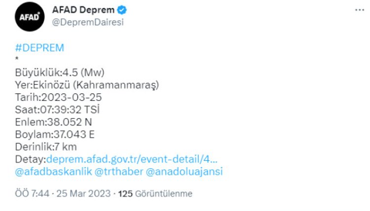 Son Dakika! Kahramanmaraş’ın Ekinözü ilçesinde 4.5 büyüklüğünde deprem