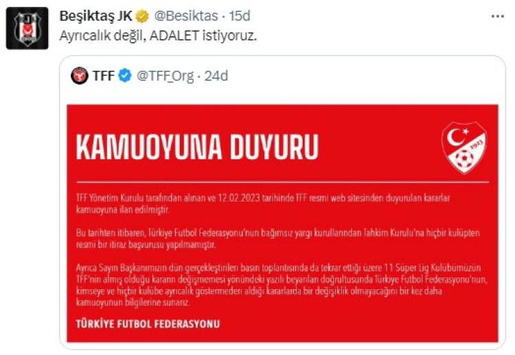 TFF, ligden çekilen takımlarla ilgili kararın değişmeyeceğini tekrarladı! Beşiktaş’tan jet hızında cevap geldi